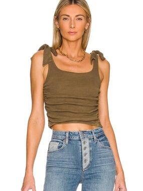 Free People boulevard tank Olive/brown Tie-Shoulder Ruched Crop Tank